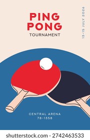 Ping pong poster design. Table tennis card, sport competition flyer with rackets and ball. Championship, tournament event with racquets, indoor match play. Flat vector illustration