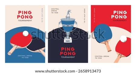 Ping pong poster designs set. Table tennis tournament, flyer backgrounds with typography. Sports game match with racket paddle, ball, championship cup, vertical banner, card. Flat vector illustration