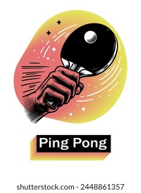 Ping Pong poster. Hand with ping pong racket in motion on abstract colorful background. Vector illustration.