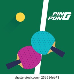 Ping pong poster. Table, paddles and ping pong ball. Vector sport flat illustration. Table tennis