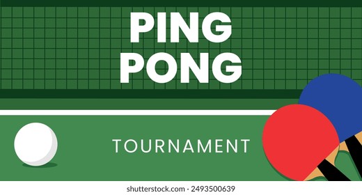 Ping pong poster template. Table, net and rackets for ping pong. Table tennis tournament, championship, advertising flyer. Vector.