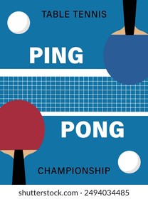 Ping pong poster template. Table, net and ping pong rackets. Vector.