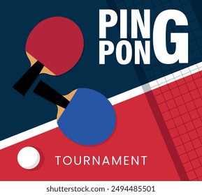 Plantilla de póster de ping pong. Raquetas de mesa, red y ping pong. Cartel de un torneo de tenis de mesa. Vector.