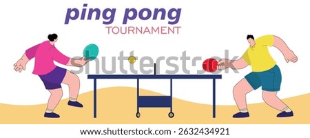 Ping pong poster, tournament banner, flat illustration two people playing table tennis. Tennis table, active lifestyle, hobby, competition