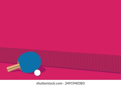Ping pong racket and ball on a pink background, simple illustration, flat style, minimalism