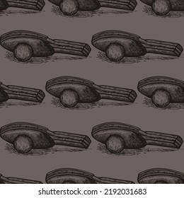 Ping pong racket engraved seamless pattern. Vintage sport elements in hand drawn style. Sketch texture for fabric, wallpaper, textile, print, title, wrapping paper. Vector illustration.