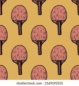 Ping pong racket sketch seamless pattern. Vintage sport elements for table tennis hand drawn style. Engraved texture for fabric, wallpaper, textile, print, title, wrapping paper. Vector illustration.