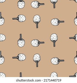 Ping pong racket sketch seamless pattern. Vintage sport elements for table tennis hand drawn style. Engraved texture for fabric, wallpaper, textile, print, title, wrapping paper. Vector illustration.