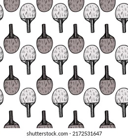 Ping pong racket sketch seamless pattern. Vintage sport elements for table tennis hand drawn style. Engraved texture for fabric, wallpaper, textile, print, title, wrapping paper. Vector illustration.