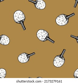 Ping pong racket sketch seamless pattern. Vintage sport elements for table tennis hand drawn style. Engraved texture for fabric, wallpaper, textile, print, title, wrapping paper. Vector illustration.