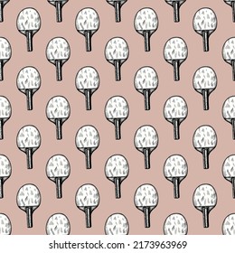 Ping pong racket sketch seamless pattern. Vintage sport elements for table tennis hand drawn style. Engraved texture for fabric, wallpaper, textile, print, title, wrapping paper. Vector illustration.