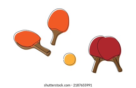 Ping pong rackets and ball colored one line art. Continuous line drawing of table tennis, sport, fitness, activity, game, paddles, training, leisure, rubber, wood, sporting, equipment, play, color.