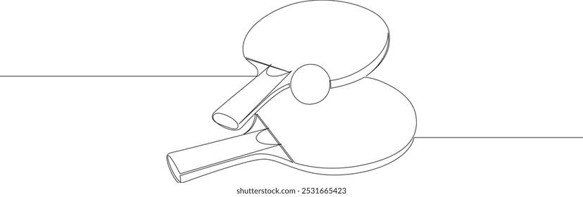 Ping pong rackets with ball continuous line drawing. Table tennis one line art. Single line vector illustration. Editable stroke.