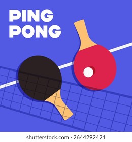 Ping pong rackets and ball lying on tennis table. Vector illustration of table tennis paddles from top view with tennis net shadow