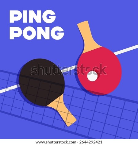 Ping pong rackets and ball lying on tennis table. Vector illustration of table tennis paddles from top view with tennis net shadow