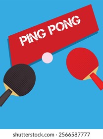 Ping pong rackets with ball on blue background. Vector poster flat style. Illustration table tennis