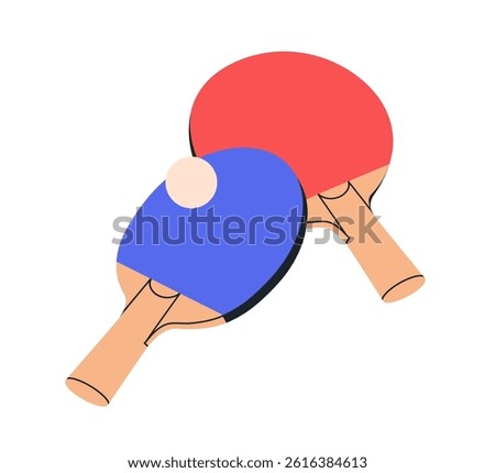Ping pong rackets and ball. Table tennis equipment. Sport game tournament gears, accessories, tabletennis paddles, pingpong racquets. Flat graphic vector illustration isolated on white background