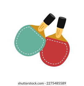 Ping pong rackets. Equipment with wooden handle and rubber red and black bat surface for team play and sports. Competition and tournament. Cartoon flat vector illustration