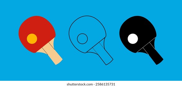 Ping pong rackets set icon color, outline, black and white. For sports themes, outdoor games and team activity concepts. Flat vector on coloured background.