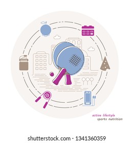 Ping pong rackets surrounded by symbols of healthy lifestyle, fitness and sports nutrition against the modern city. Vector flat illustration