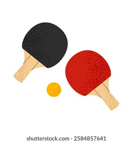 Ping pong. Rackets with a tennis ball for playing table tennis. For designs team sports and outdoor activity themes. Vector illustration.