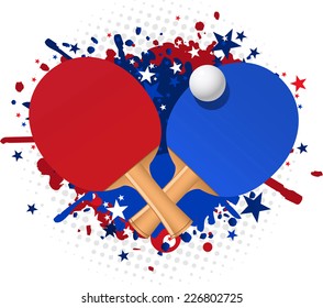 Ping pong red and blue racket splash with ball and stars vector illustration.