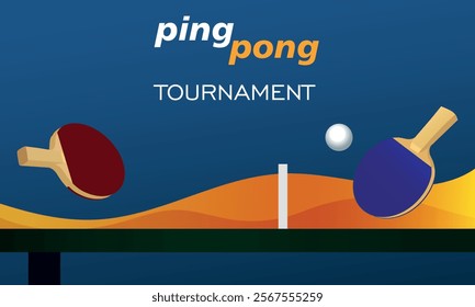 Ping pong table game. Poster table tennis tournament. Vector flat style two rackets and white ball