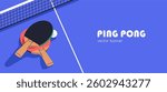 Ping pong, table tennis banner design. Sport game tournament, ad background with ball, racket, net and typography template. Match, competition promotion, advertising. Flat vector illustration