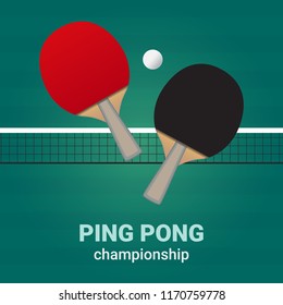 Ping pong or table tennis championship design. Bats, ball and net. Ping pong bats with red and black surface on a green ping pong table.