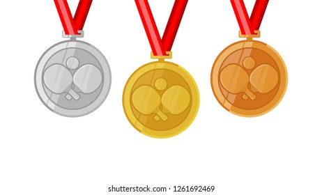 ping pong table tennis complete shinny medals set gold siver and bronze in flat style