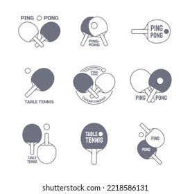 Ping pong, table tennis logo emblem design templates set. Gray and white logotype for championship, sports club, tournament or team label, emblem flat thin line vector illustration