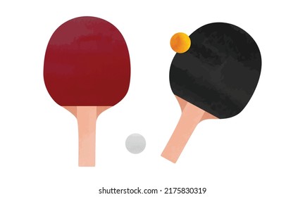 Ping pong table tennis racket clipart. Set of two ping pong rackets and balls watercolor style vector illustration isolated on white background. Ping pong or table tennis paddle isolated cartoon style