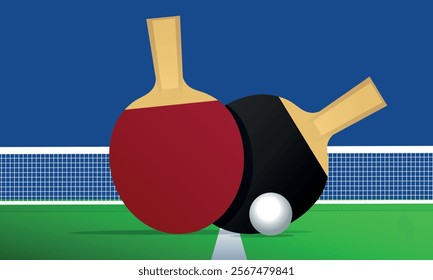 Ping pong table. Table tennis tournament banner. Rackets on the table, net and ball