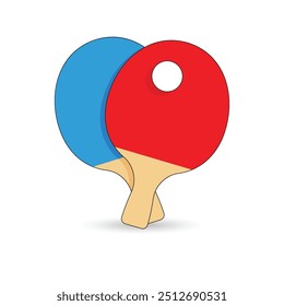 Ping Pong. Tenis de mesa. Ilustración vectorial que representa dos raquetas de colores rojo y azul con una pelota.