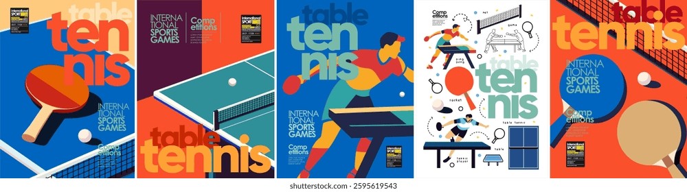 Ping pong and table tennis. Vector illustration for the game. Abstract illustrations of ping pong, with rackets, tables and athletes. Ideal for sports events, competitions, poster, background