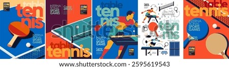 Ping pong and table tennis. Vector illustration for the game. Abstract illustrations of ping pong, with rackets, tables and athletes. Ideal for sports events, competitions, poster, background