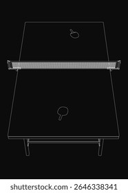 A ping pong table with a white surface and blue borders stands against a black background, featuring a light-colored net divided into two sections. The net has curved edges, and the table appears.