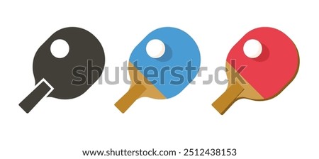 Ping pong tennis paddles with ball icon vector graphic illustration set, red blue flat cartoon pingpong game simple pictogram symbol isolated cut out image clip art
