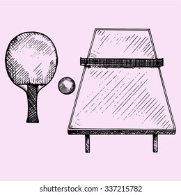 Ping Pong, tennis table, rackets and ball, doodle style, sketch illustration, hand drawn, vector