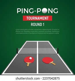 Ping pong tennis tournament poster background. Ping pong table with ball racket championship green illustration