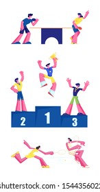 Ping Pong, Tennis and Winners Rewarding Set Isolated on White Background. Men with Medals Standing on Pedestal, Male and Female Characters Playing on Court. Cartoon Flat Vector Illustration, Clip Art