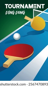 Ping pong tournament banner. Flat illustration of table tennis table and rackets