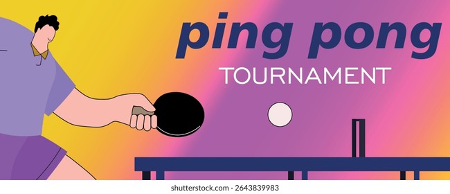 Ping pong tournament banner, vector flat design, man playing table tennis. Poster championship small tennis, racket, tennis table, activity, training