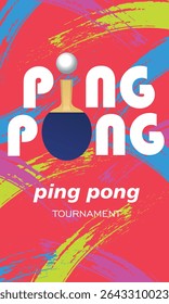 Ping pong tournament, championship poster, two rackets, ball. Abstract background brush strokes, texture, sport club, training, table tennis game