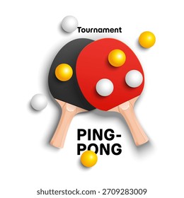 Ping Pong Turnierdesign mit roten und schwarzen Paddeln und weißen gelben Bällen