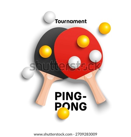 Ping pong tournament design with red and black paddles and white yellow balls