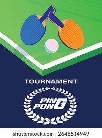 Ping pong tournament, flat illustration vector rackets, table, ball, net. Competition banner, tennis club, laurel wreath, champion, championship winner, sports hobby, racket sport training