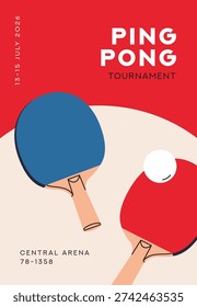 Ping pong tournament, flyer card design. Table tennis, ad background, poster template. Sport game match, competition, contest event, placard with rackets, ball, typography. Flat vector illustration