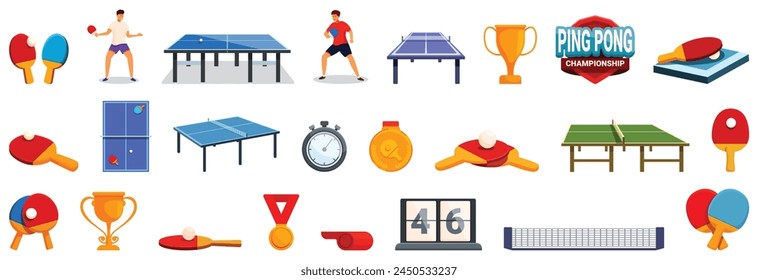 Ping pong tournament icons set cartoon vector. People playing. Sport indoor