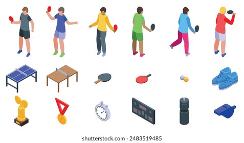 Ping pong tournament icons set. Athletes playing ping pong isometric icons set with isolated images of sportsmen, equipment and prizes